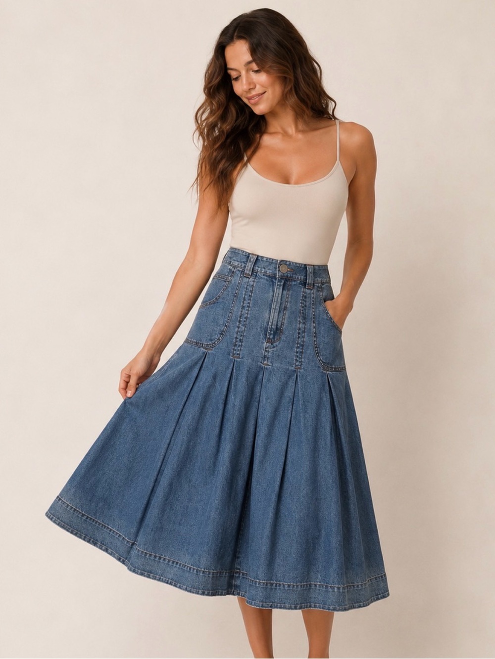 Soft Surroundings Indigo Denim Midi Skirt Full A Line High Rise Size PS